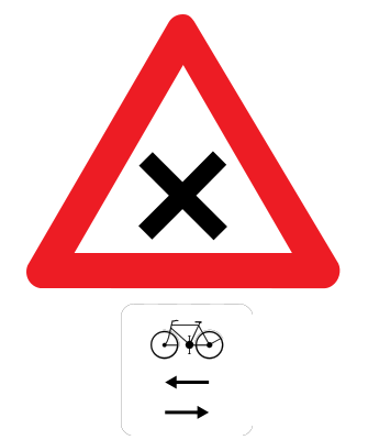 Warnung vor einer unkontrollierten Kreuzung, Achtung Radfahrer von links und rechts.